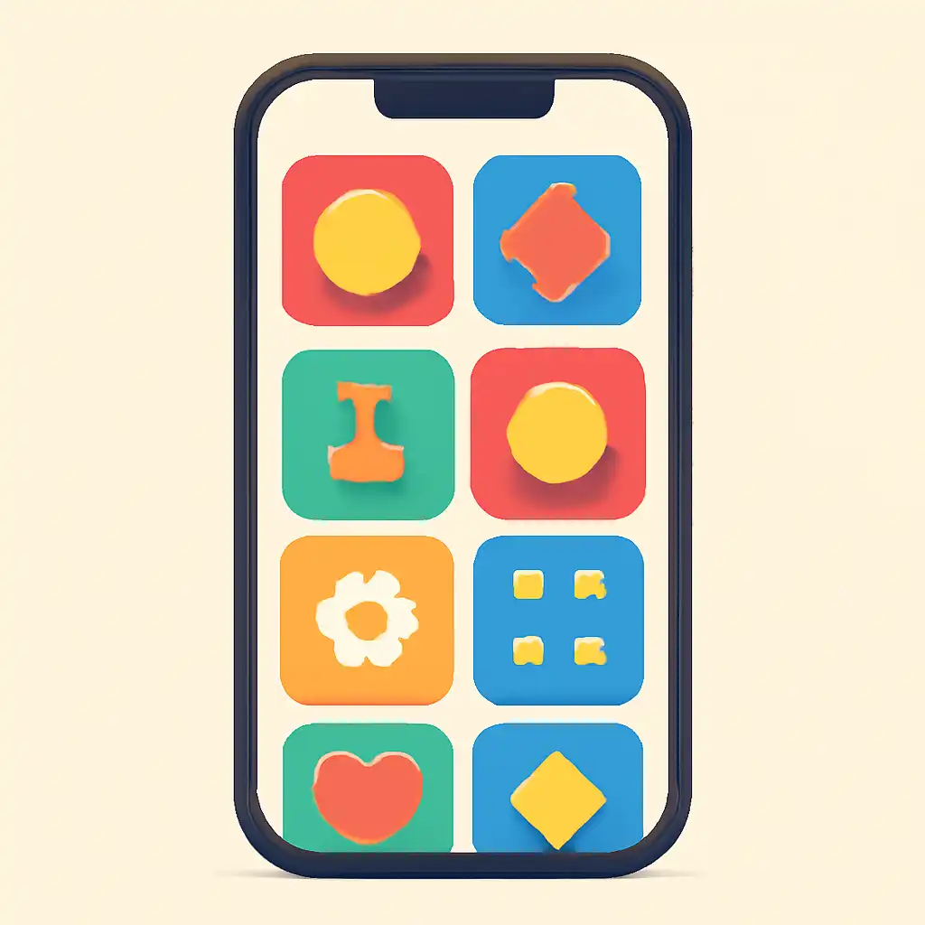Smartphone shown from the front displaying a colourful flat layout of abstract game icons and rounded tiles, Gogo Rummy