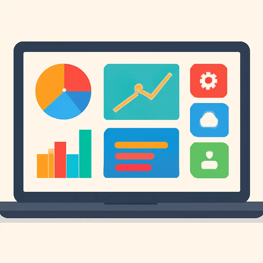 Laptop shown from the front displaying a colourful flat dashboard of abstract charts, bars and icon tiles, Gogo Rummy