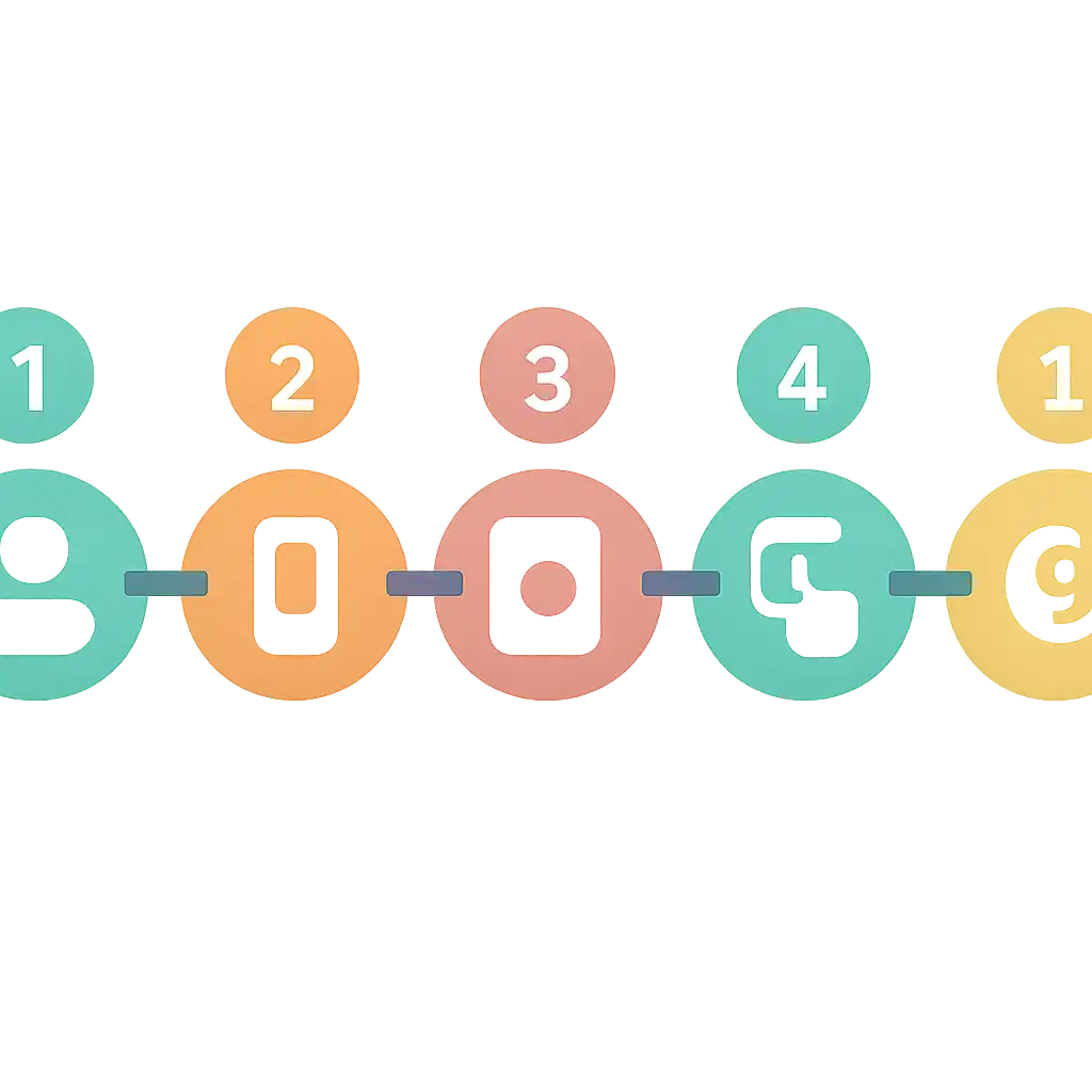 Five numbered circular icons connected by arrows in a horizontal flow, Gogo Rummy steps