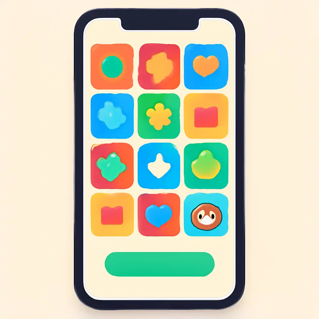 Smartphone shown from the front displaying a colourful flat layout of abstract game icons and rounded tiles, What gogo
