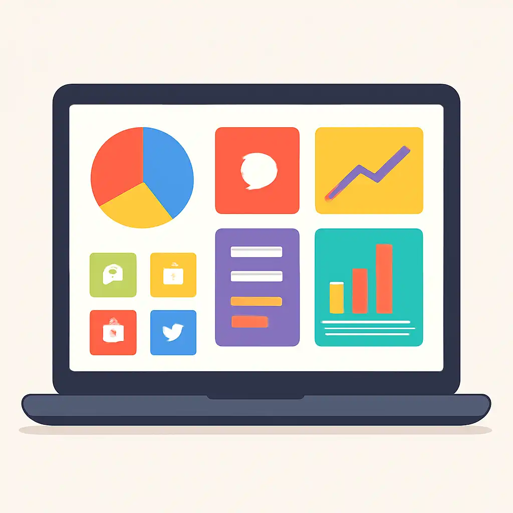 Laptop shown from the front displaying a colourful flat dashboard of abstract charts, bars and icon tiles, What gogo rummy
