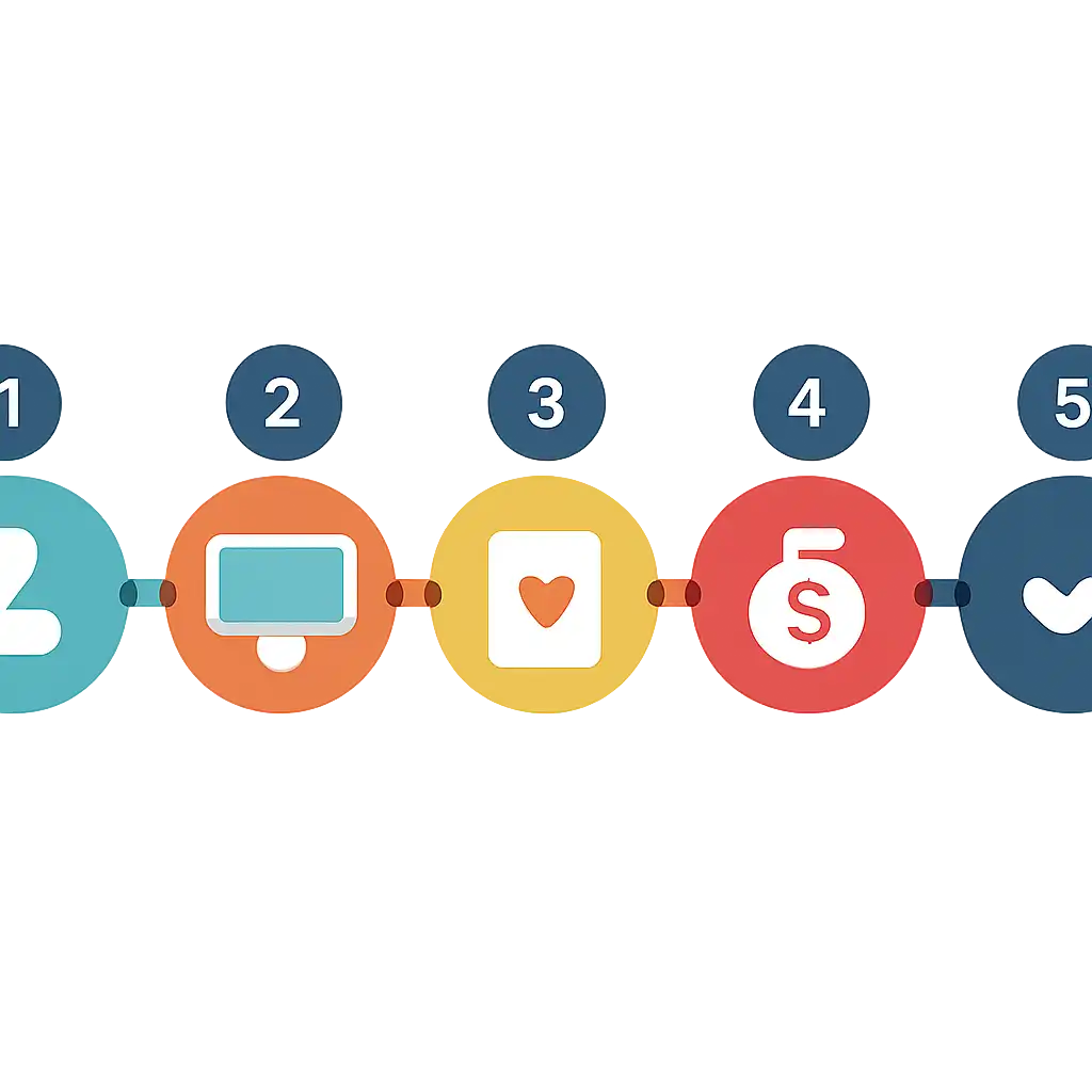 Five numbered circular icons connected by arrows in a horizontal flow, What gogo rummy Is and How It Works steps