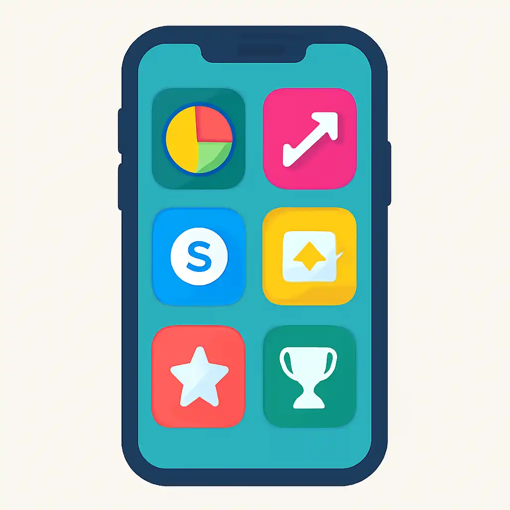 Smartphone shown from the front displaying a colourful flat layout of abstract game icons and rounded tiles, Deposits
