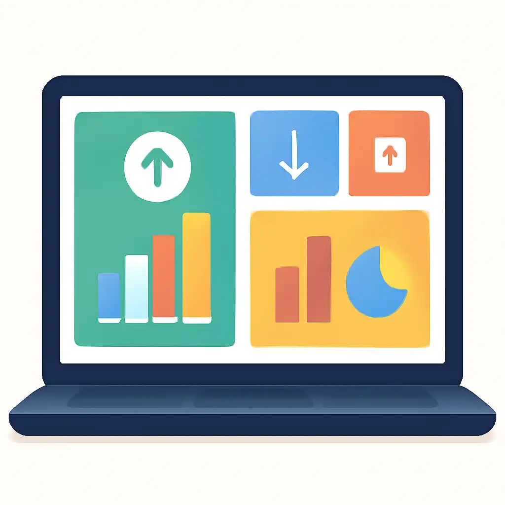 Laptop shown from the front displaying a colourful flat dashboard of abstract charts, bars and icon tiles, Deposits