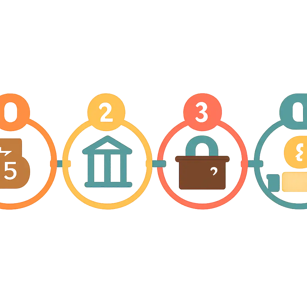 Five numbered circular icons connected by arrows in a horizontal flow, Deposits, Withdrawals and Payouts steps, Gogo Rummy