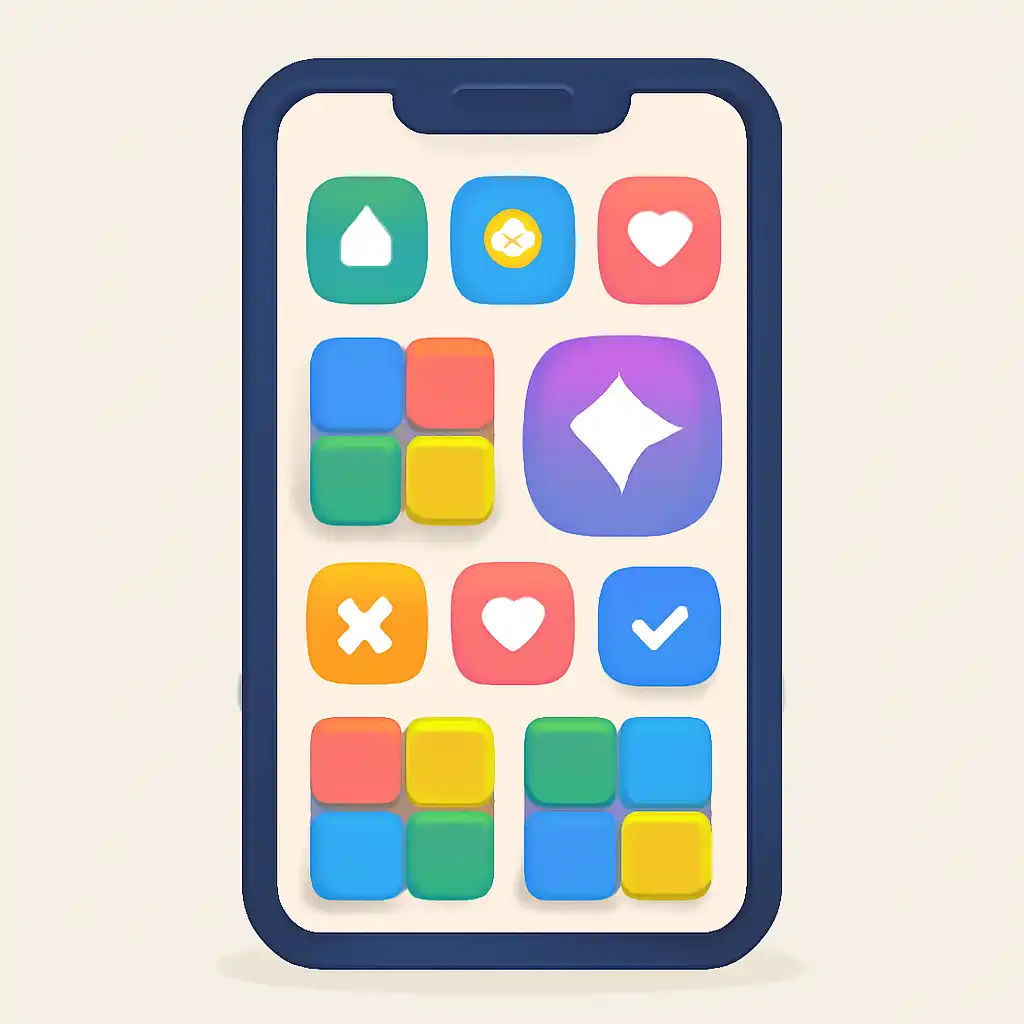 Smartphone shown from the front displaying a colourful flat layout of abstract game icons and rounded tiles, Common