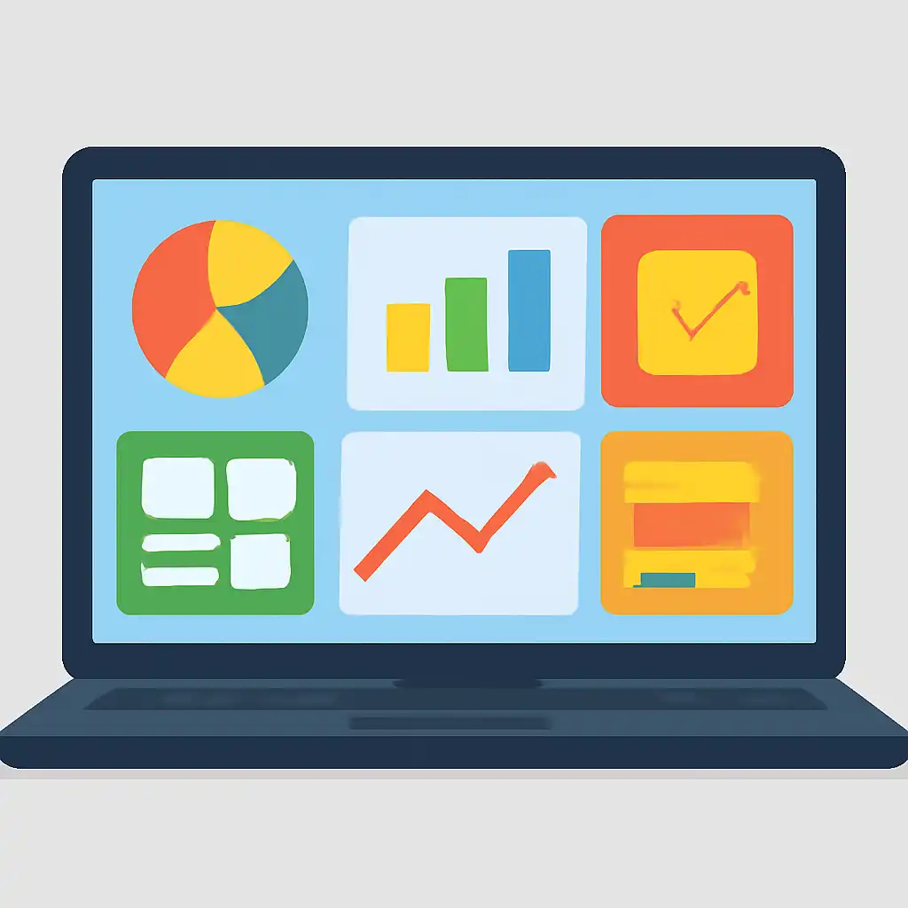 Laptop shown from the front displaying a colourful flat dashboard of abstract charts, bars and icon tiles, Common Mistakes