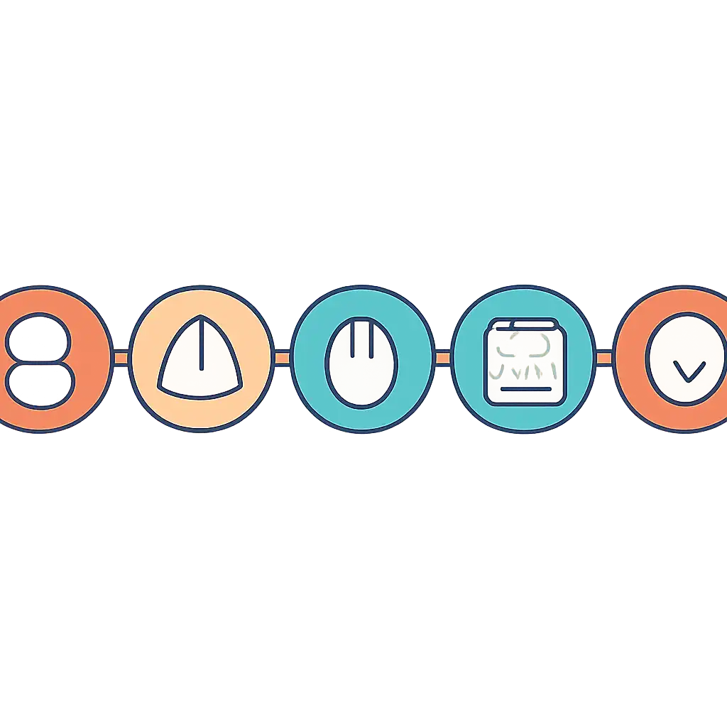 Five numbered circular icons connected by arrows in a horizontal flow, Common Mistakes and Safety steps, Gogo Rummy