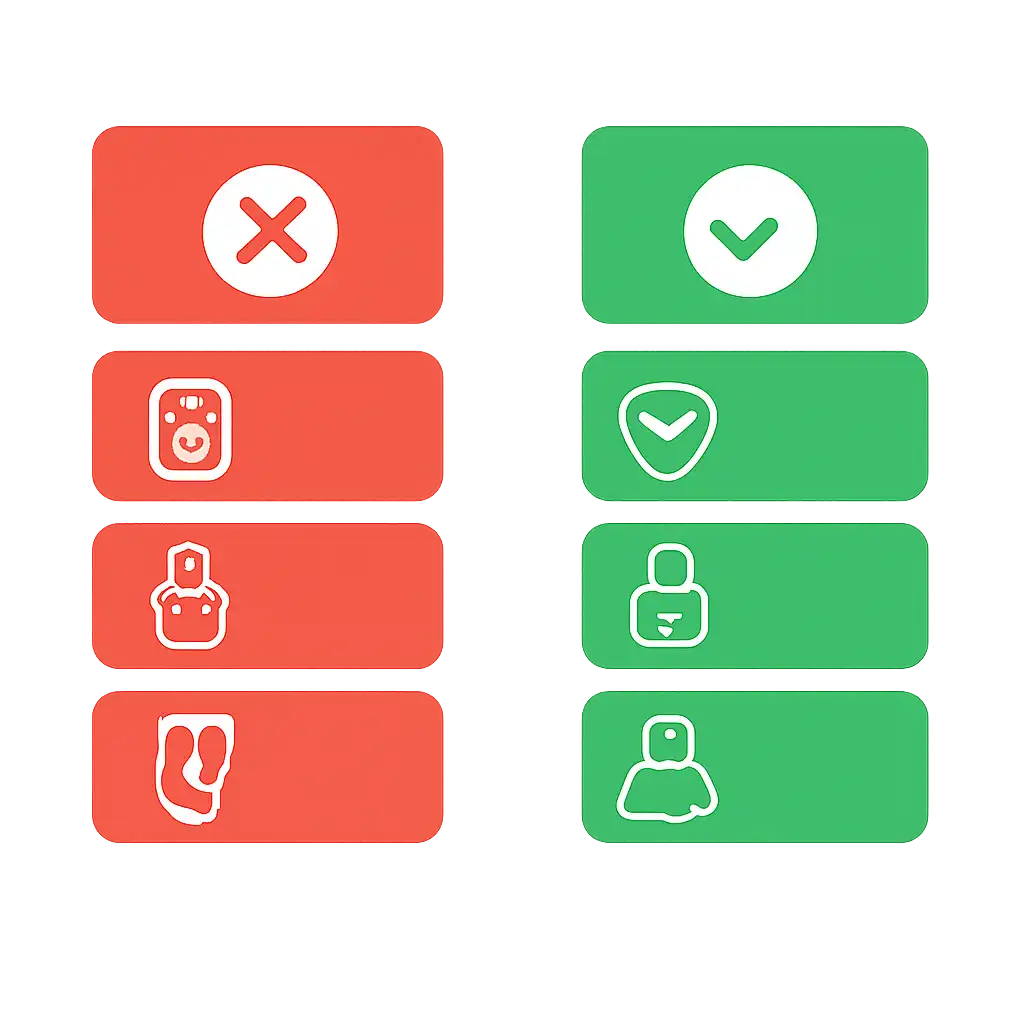 Infographic comparing options using coloured bars and, Common Mistakes and Safety, Gogo Rummy