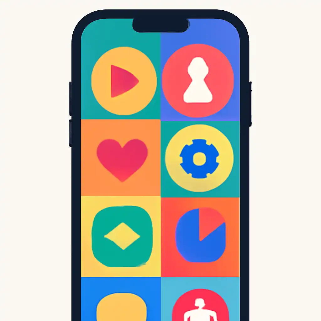 Smartphone shown from the front displaying a colourful flat layout of abstract game icons and rounded tiles, gogo rummy