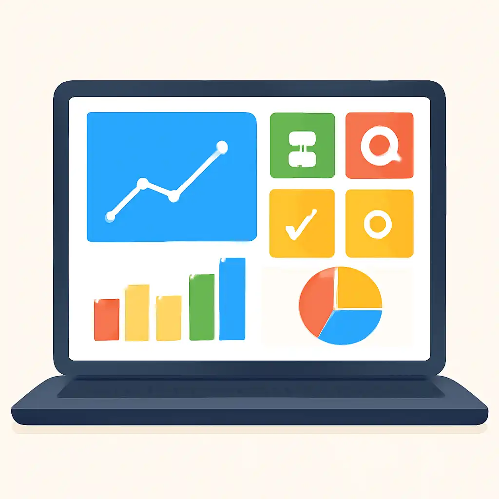 Laptop shown from the front displaying a colourful flat dashboard of abstract charts, bars and icon tiles, gogo rummy