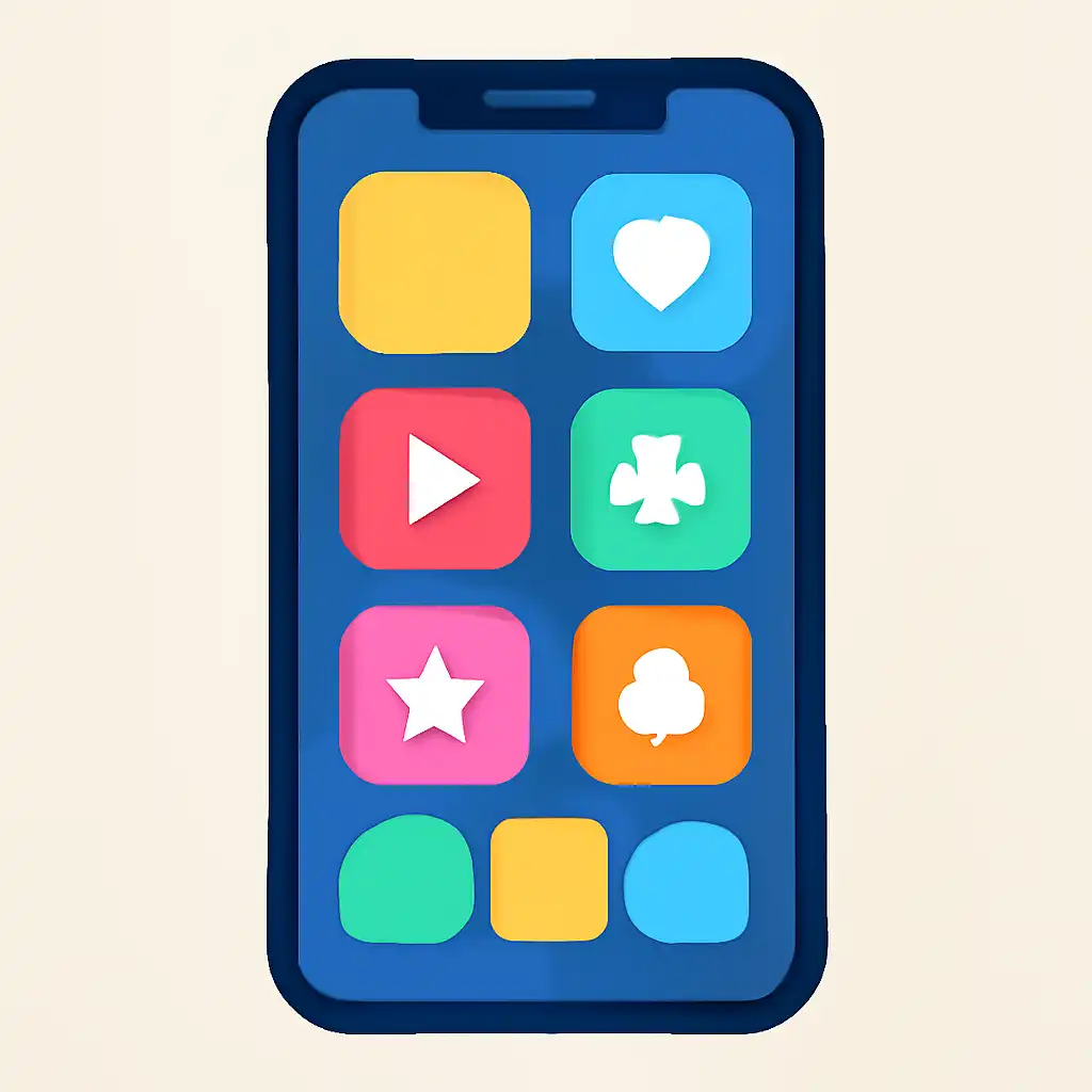 Smartphone shown from the front displaying a colourful flat layout of abstract game icons and rounded tiles, Getting