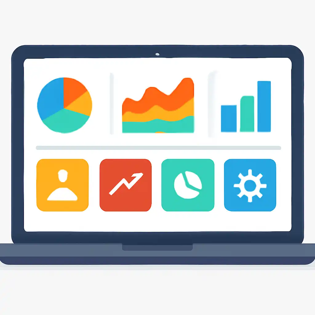 Laptop shown from the front displaying a colourful flat dashboard of abstract charts, bars and icon tiles, Getting Started