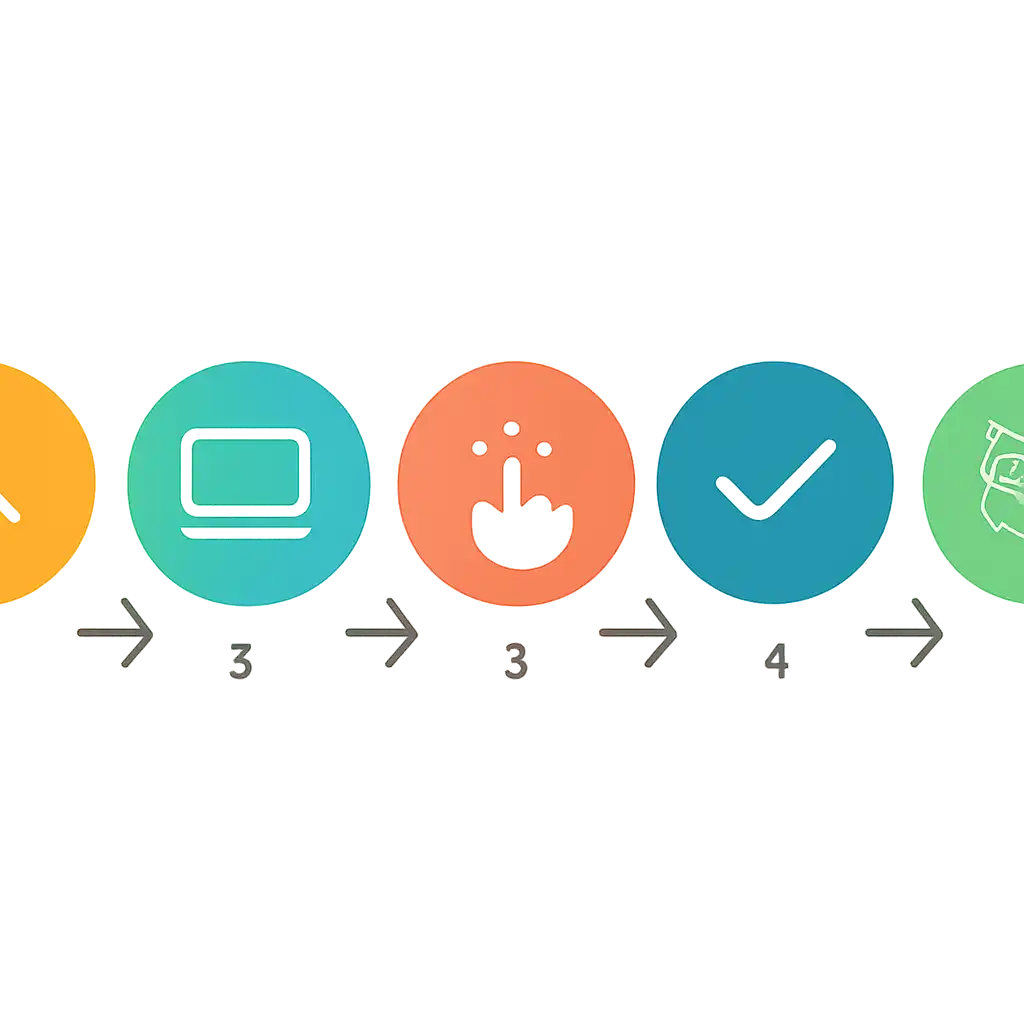 Five numbered circular icons connected by arrows in a horizontal flow, Getting Started With gogo rummy steps