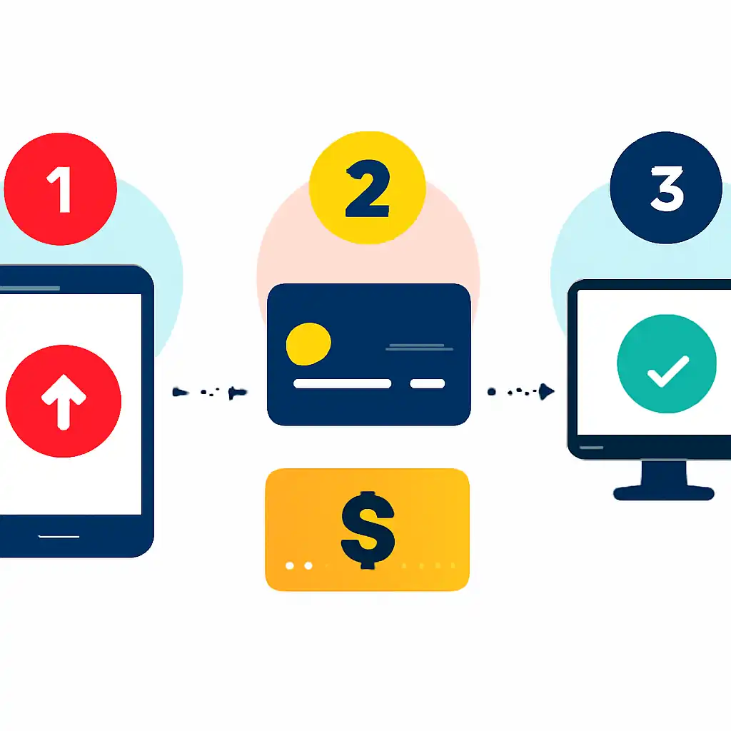 Annotated step diagram: making a first deposit process with numbered callouts, Gogo Rummy