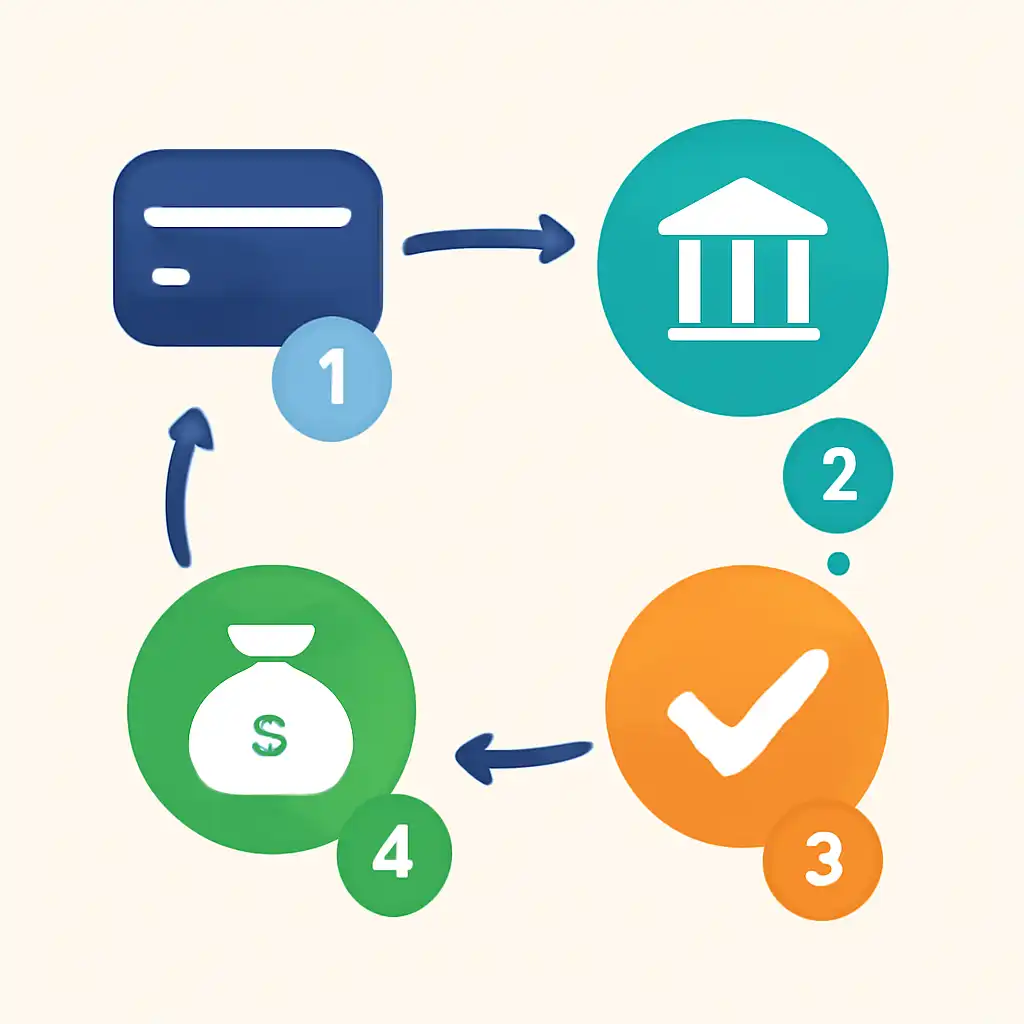Annotated step diagram: payout timings process with numbered callouts, Gogo Rummy