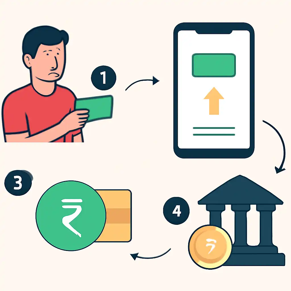 Annotated step diagram: upi deposits process with numbered callouts, Gogo Rummy