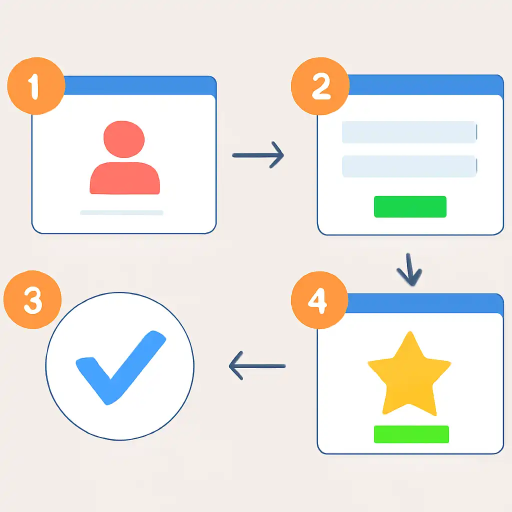 Annotated step diagram: creating an account process with numbered callouts, Gogo Rummy