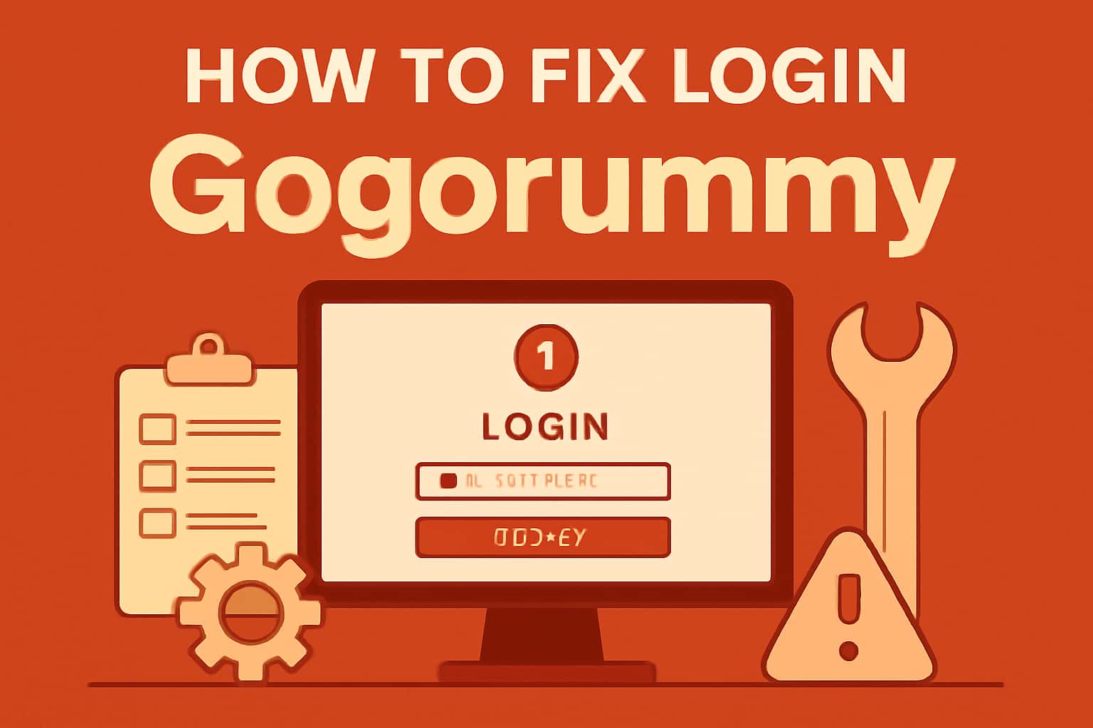 An informative graphic demonstrating the process of fixing login issues for the Gogorummy platform.